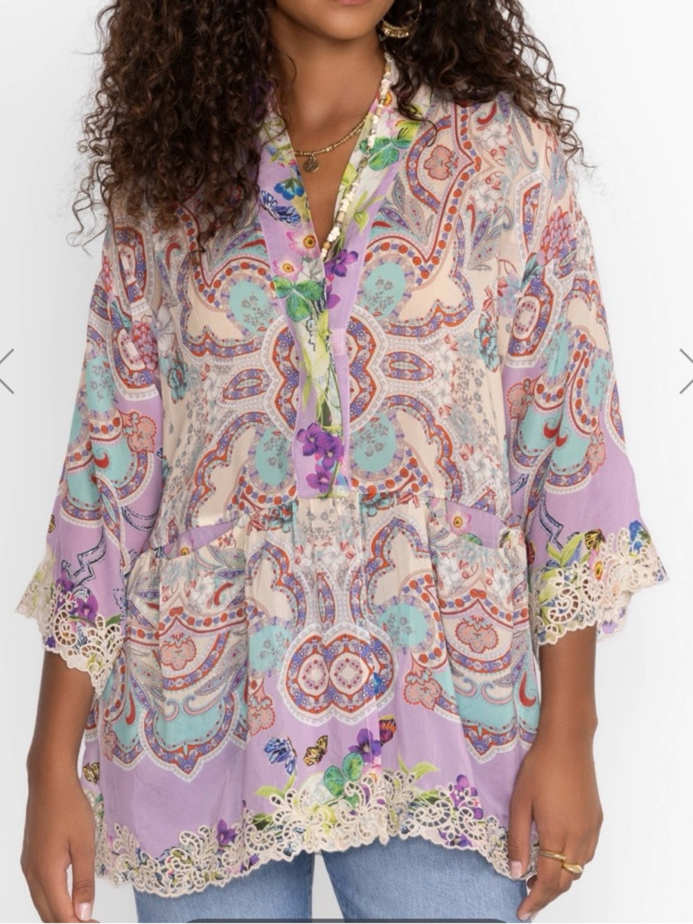Johnny Was Tia Kimono Tunic Size XXL Lace Trim Wedding Guest Purple Feminine